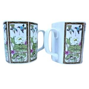 Set of 2 Andrea By Sadek Octagon Porcelain Cups Mugs Japan Floral Birds Pattern